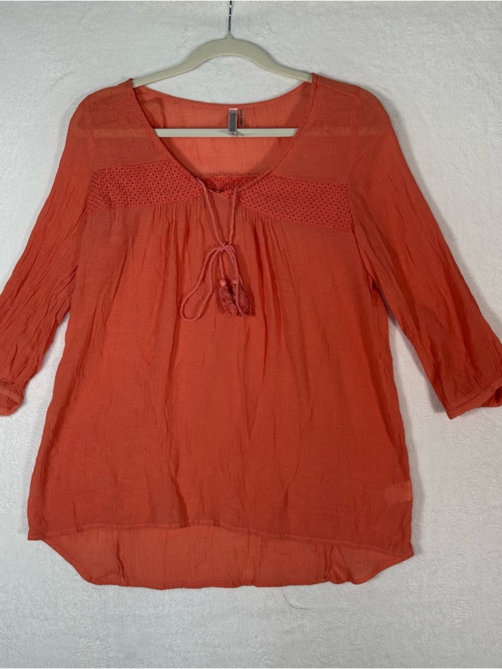 Mono Reno Coral Gauze Top S Sicilian Summer Boho Coastal Tassel Tie Blouse